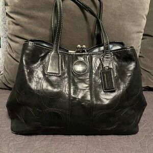 Coach Signature Stitch black patent leather carryall bag